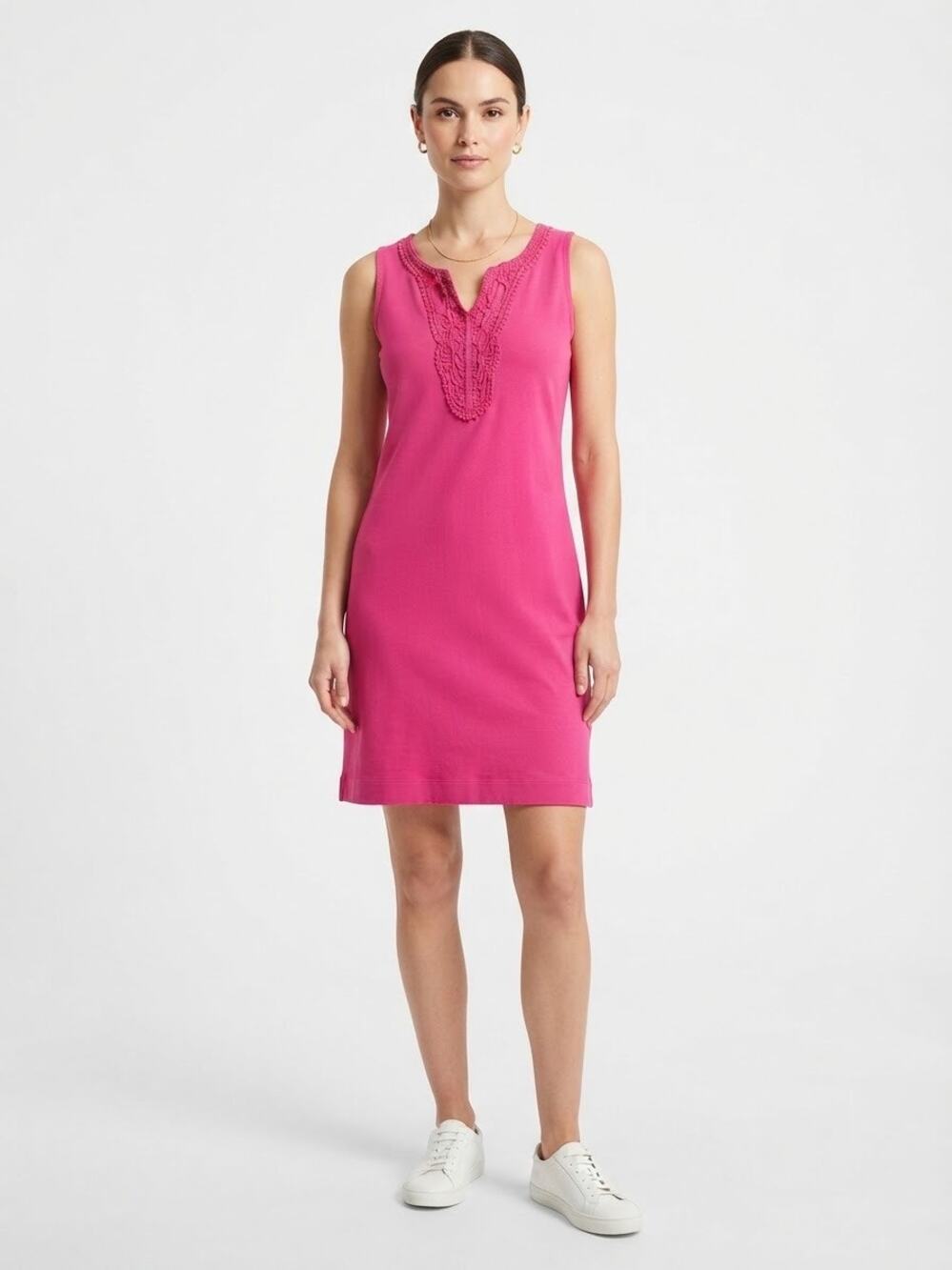Talbots Hot Pink Cotton Sleeveless Dress Crochet Trim Petites Size MP Resort Chi